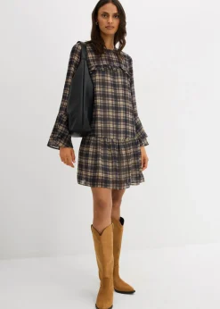 bonprix bonprix Vestido de gasa con volantes negro a cuadros Hot