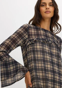 bonprix bonprix Vestido de gasa con volantes negro a cuadros Hot
