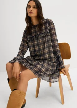 bonprix bonprix Vestido de gasa con volantes negro a cuadros Hot