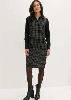 bonprix bonprix Vestido de jacquard con cuello en contraste Negro-blanco lana a cuadros Best