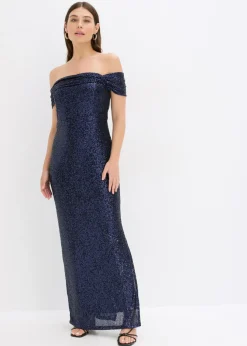 bonprix bonprix Vestido de lentejuelas con escote bañera Azul marino New