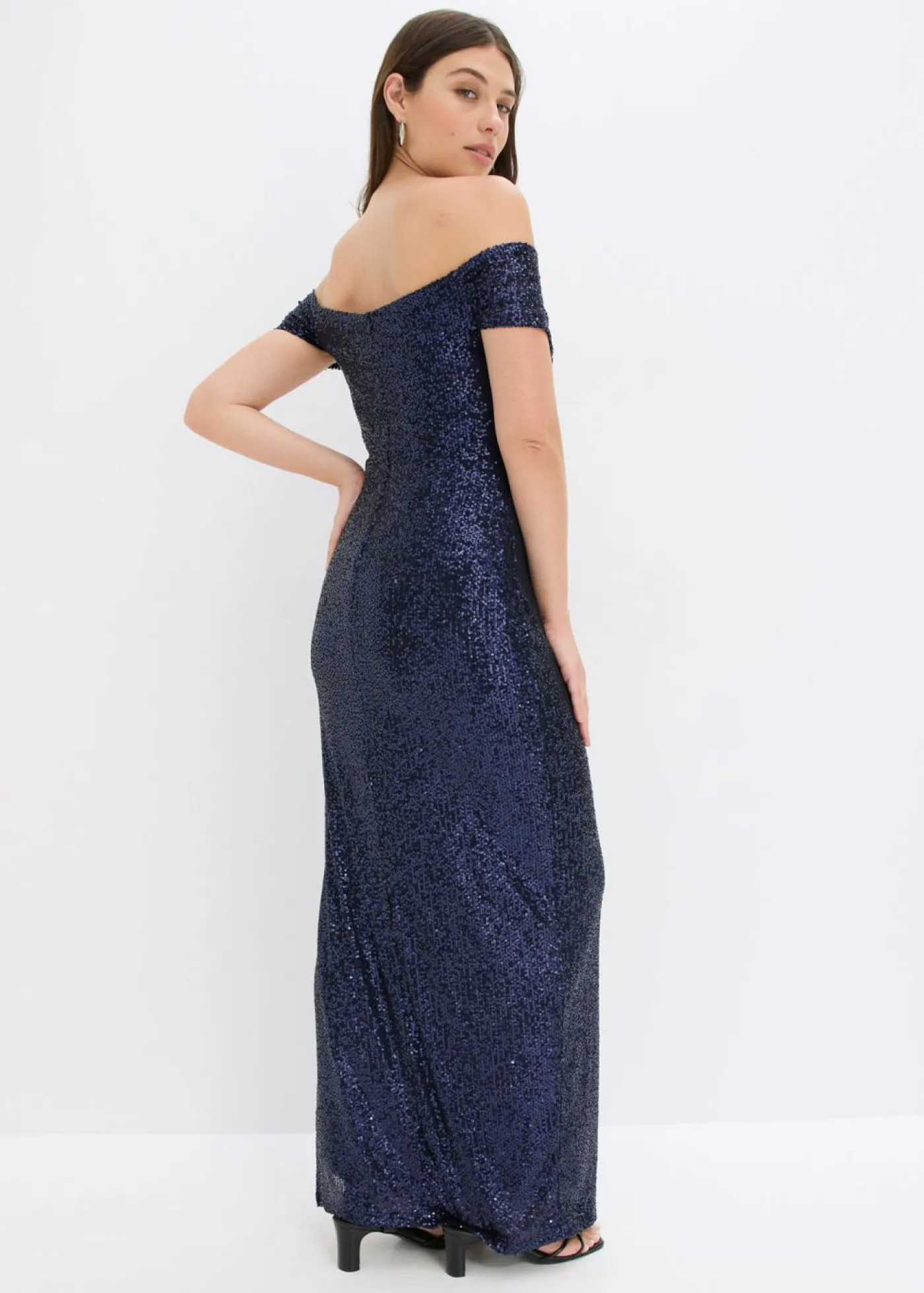 bonprix bonprix Vestido de lentejuelas con escote bañera Azul marino New