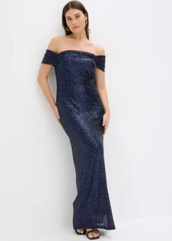 bonprix bonprix Vestido de lentejuelas con escote bañera Azul marino New