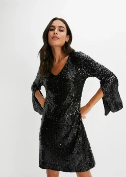 bonprix bonprix Vestido de lentejuelas con mangas de trompeta Negro Clearance