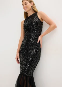 bonprix bonprix Vestido de lentejuelas con volante Negro-beige Best
