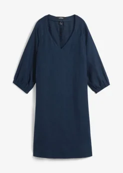 bonprix bonprix Vestido de lino puro con mangas 3/4 Azul marino Outlet
