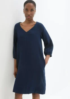 bonprix bonprix Vestido de lino puro con mangas 3/4 Azul marino Outlet