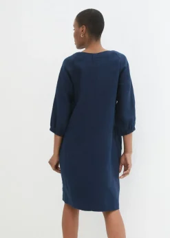 bonprix bonprix Vestido de lino puro con mangas 3/4 Azul marino Outlet