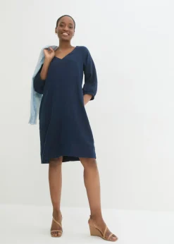 bonprix bonprix Vestido de lino puro con mangas 3/4 Azul marino Outlet