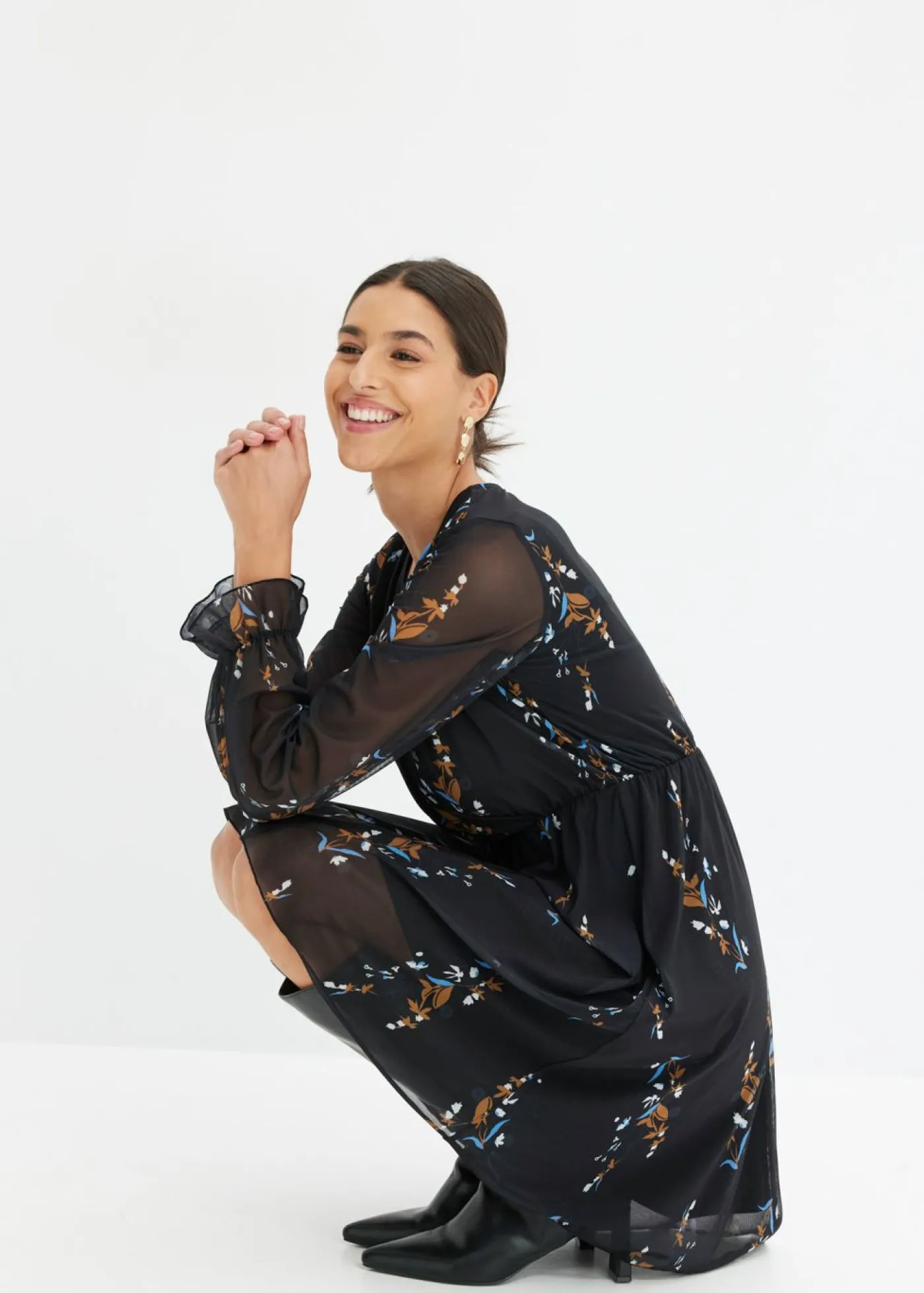 bonprix bonprix Vestido de malla Negro con flores Outlet