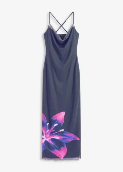 bonprix bonprix Vestido de malla fina con tirantes Azul marino/fucsia de flores New