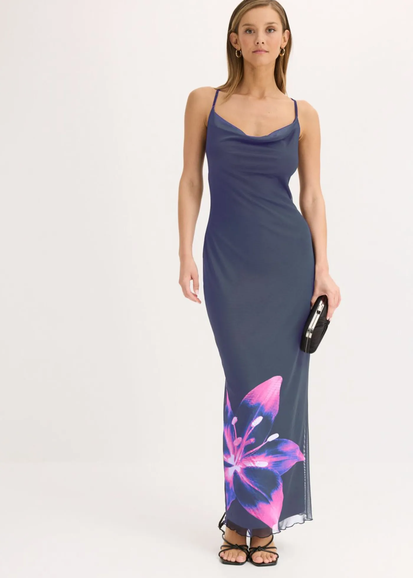 bonprix bonprix Vestido de malla fina con tirantes Azul marino/fucsia de flores New