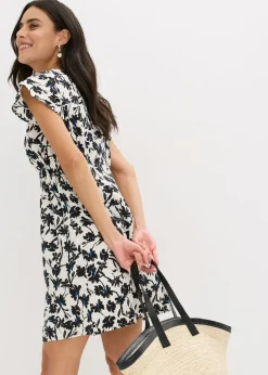 bonprix bonprix Vestido de material estructurado con mangas de murciélago Blanco lana-negro
