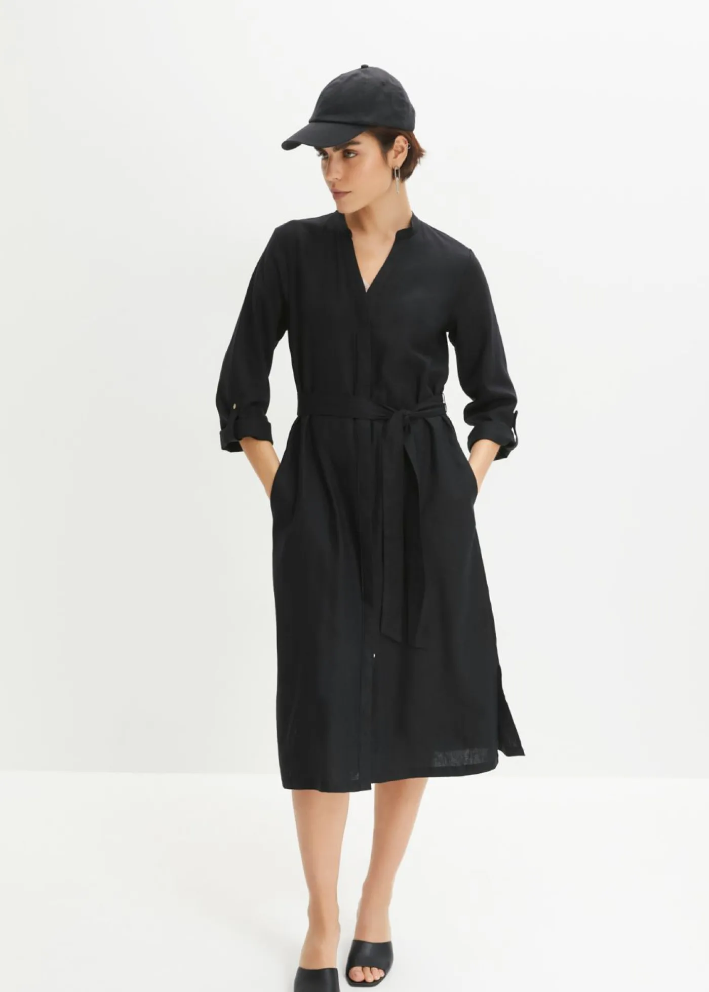 bonprix bonprix Vestido de mezcla de lino y viscosa con bolsillos Verde oliva oscuro Best
