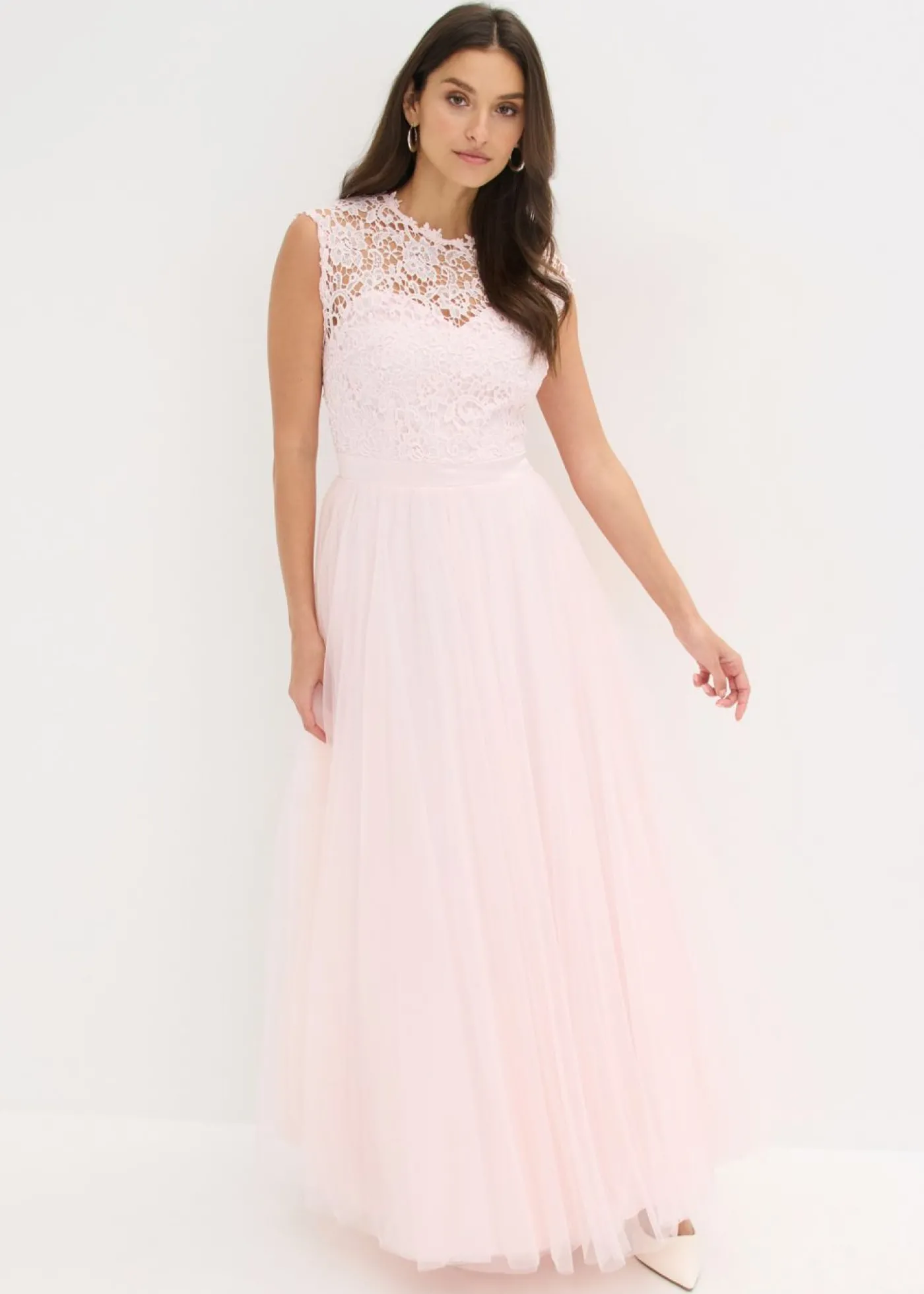 bonprix bonprix Vestido de noche con encaje y falda de tul fino Rosa claro Outlet