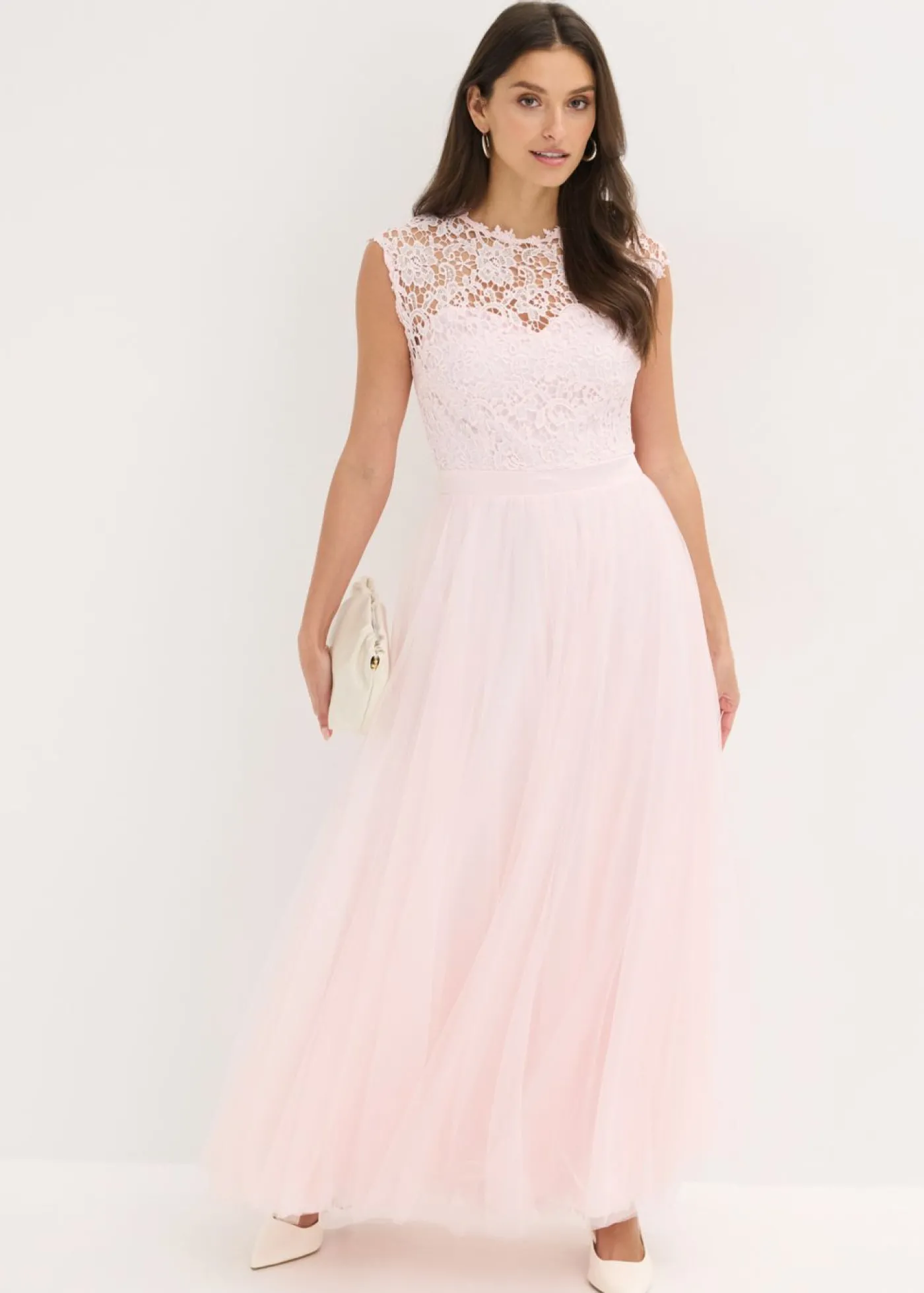 bonprix bonprix Vestido de noche con encaje y falda de tul fino Rosa claro Outlet