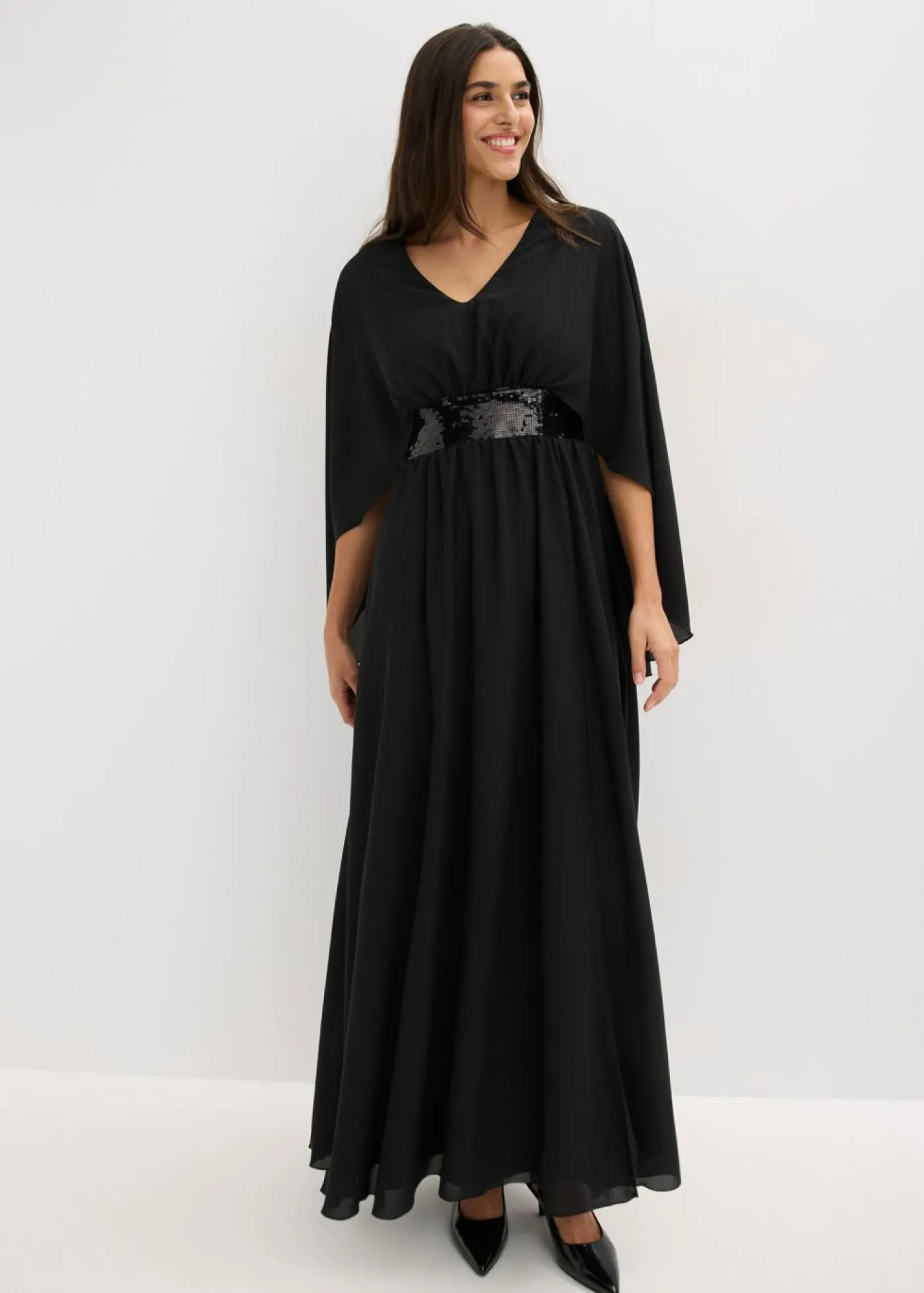 bonprix bonprix Vestido de noche de gasa fina con inserto de lentejuelas Negro Clearance