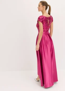 bonprix bonprix Vestido de noche de satén brillante con lentejuelas Rosa fucsia Online
