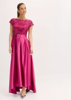 bonprix bonprix Vestido de noche de satén brillante con lentejuelas Rosa fucsia Online