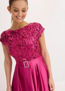 bonprix bonprix Vestido de noche de satén brillante con lentejuelas Rosa fucsia Online