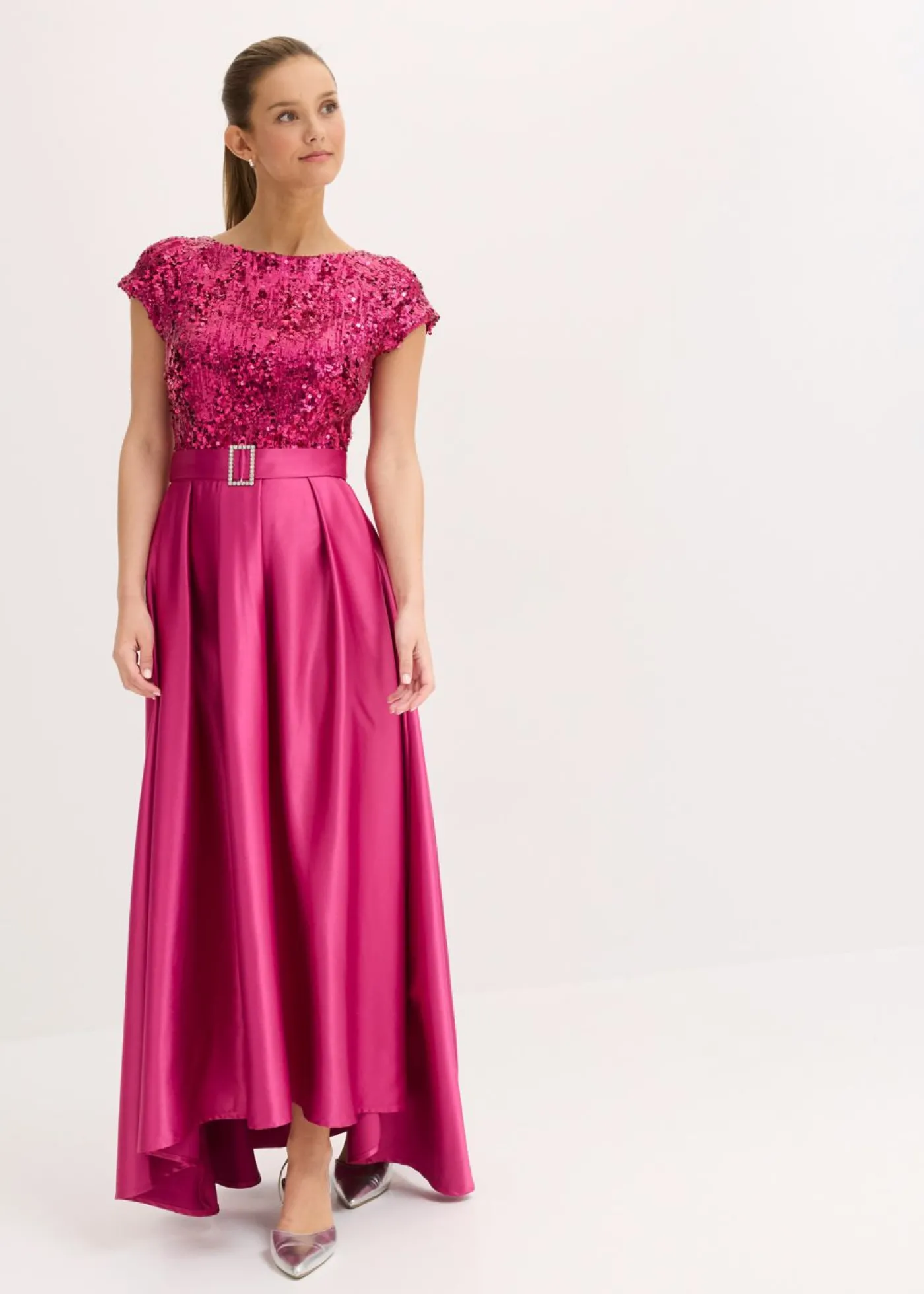 bonprix bonprix Vestido de noche de satén brillante con lentejuelas Rosa fucsia Outlet