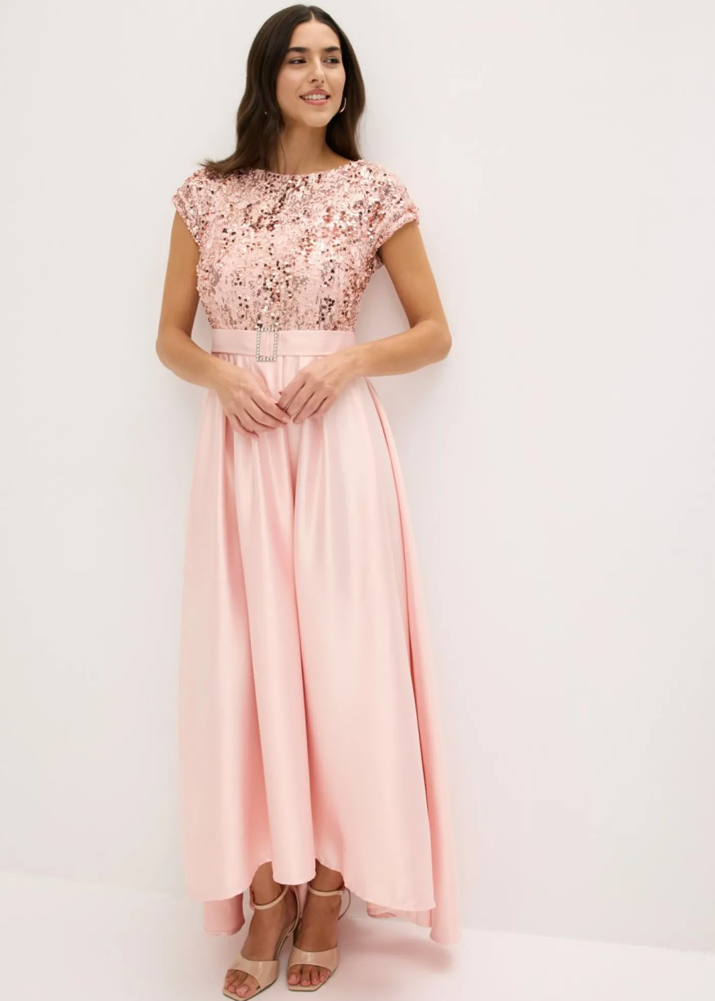 bonprix bonprix Vestido de noche de satén brillante con lentejuelas Rosa perla Clearance