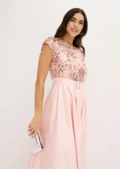 bonprix bonprix Vestido de noche de satén brillante con lentejuelas Rosa perla Clearance