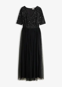 bonprix bonprix Vestido de noche de tul delicado con bordado de lentejuelas Negro Sale