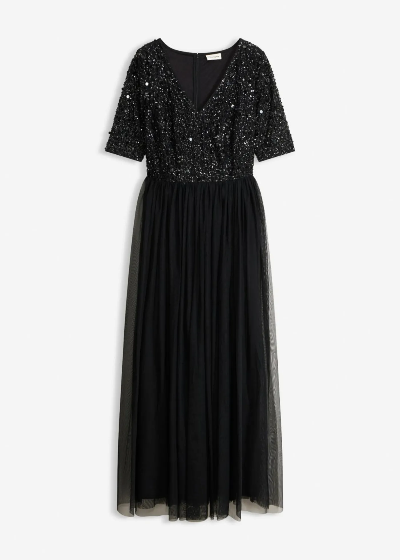 bonprix bonprix Vestido de noche de tul delicado con bordado de lentejuelas Negro Sale