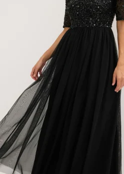 bonprix bonprix Vestido de noche de tul delicado con bordado de lentejuelas Negro Sale