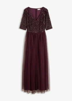 bonprix bonprix Vestido de noche de tul delicado con bordado de lentejuelas rojo burdeos Sale