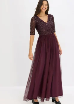 bonprix bonprix Vestido de noche de tul delicado con bordado de lentejuelas rojo burdeos Sale