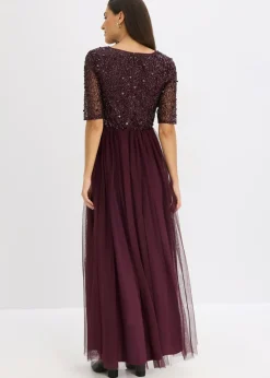 bonprix bonprix Vestido de noche de tul delicado con bordado de lentejuelas rojo burdeos Sale