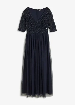 bonprix bonprix Vestido de noche de tul delicado con bordado de lentejuelas Azul marino Sale