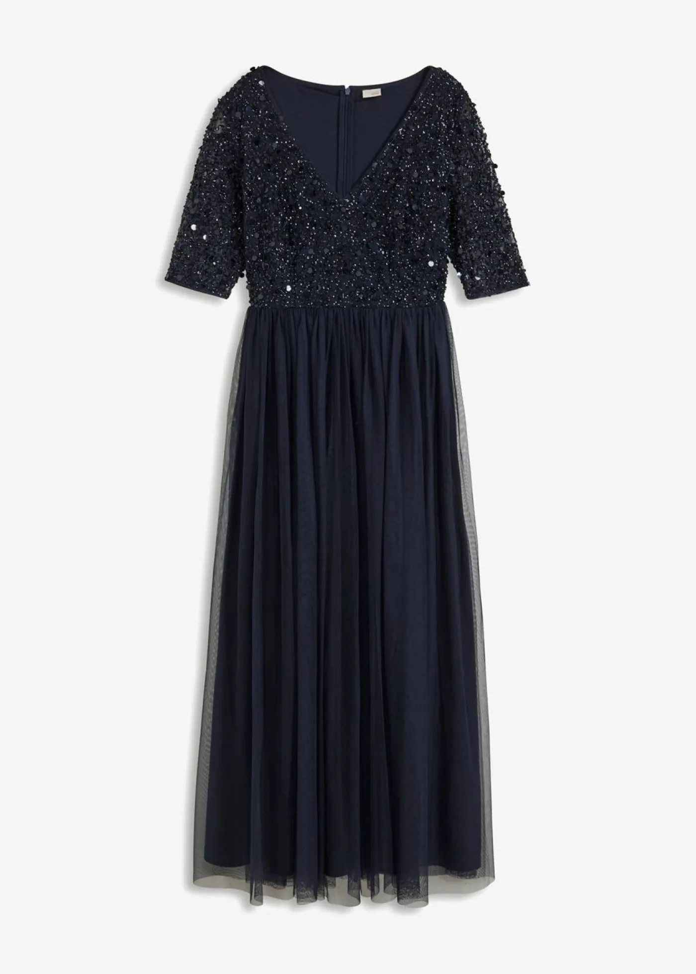bonprix bonprix Vestido de noche de tul delicado con bordado de lentejuelas Azul marino Sale