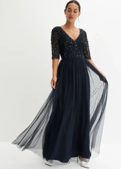 bonprix bonprix Vestido de noche de tul delicado con bordado de lentejuelas Azul marino Sale