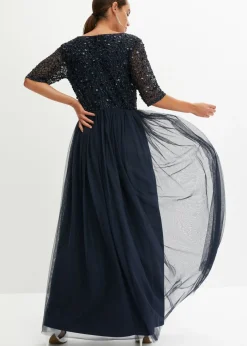 bonprix bonprix Vestido de noche de tul delicado con bordado de lentejuelas Azul marino Sale