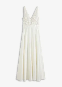 bonprix bonprix Vestido de novia de satén brillante con aplicaciones de flores Blanco lana Discount