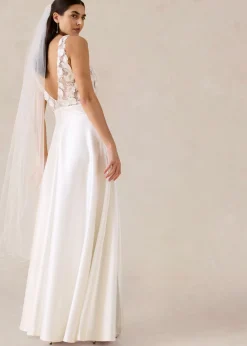 bonprix bonprix Vestido de novia de satén brillante con aplicaciones de flores Blanco lana Discount