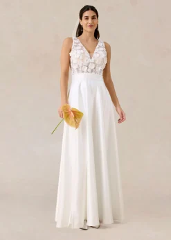 bonprix bonprix Vestido de novia de satén brillante con aplicaciones de flores Blanco lana Discount