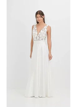 bonprix bonprix Vestido de novia de satén brillante con aplicaciones de flores Blanco lana Discount