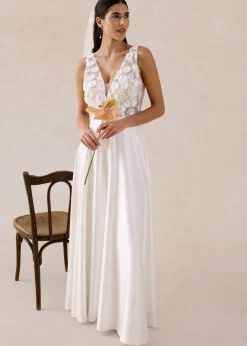 bonprix bonprix Vestido de novia de satén brillante con aplicaciones de flores Blanco lana Discount