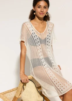 bonprix bonprix Vestido de playa con aspecto de ganchillo de viscosa fluida Beige Best