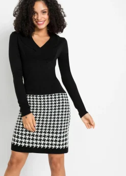 bonprix bonprix Vestido de punto Negro-Blanco lana con estampado gráfico Hot