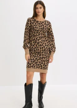 bonprix bonprix Vestido de punto Beige con estampado de leopardo Clearance