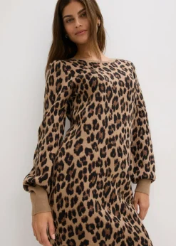 bonprix bonprix Vestido de punto Beige con estampado de leopardo Clearance