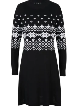 bonprix bonprix Vestido de punto acampanado con estampado noruego Negro-blanco