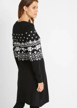bonprix bonprix Vestido de punto acampanado con estampado noruego Negro-blanco