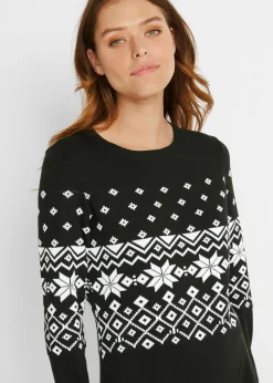 bonprix bonprix Vestido de punto acampanado con estampado noruego Negro-blanco