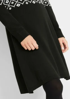 bonprix bonprix Vestido de punto acampanado con estampado noruego Negro-blanco